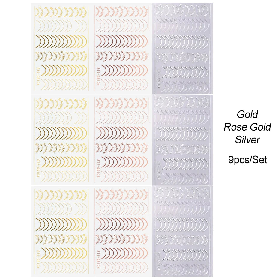 3pcs/set 3D Simple Lines Nail Stickers Rose Gold Metal Stripe Letters Decals Curve Gel Nails Art Sliders Polish Manicure Decor