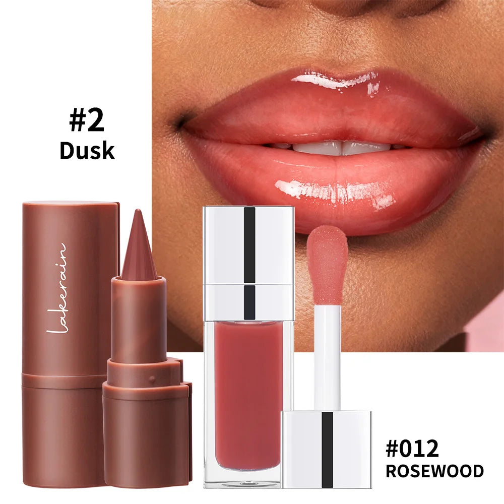 Matte Lip Makeup Kit 2pcs Waterproof Long Lasting Lip Liner and Lip Oil Combo Red Brown Pink Nude Tones Lipstick Set