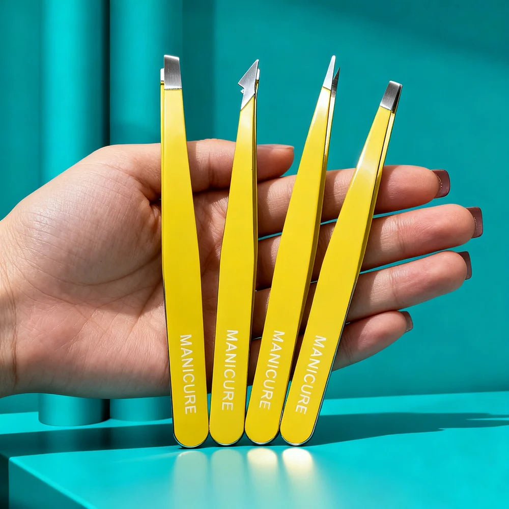 Professional Stainless Steel Slant Tweezers Set High Precision Eyebrow & Facial Hair Remover with Fine Point Tips Multi-Purpose