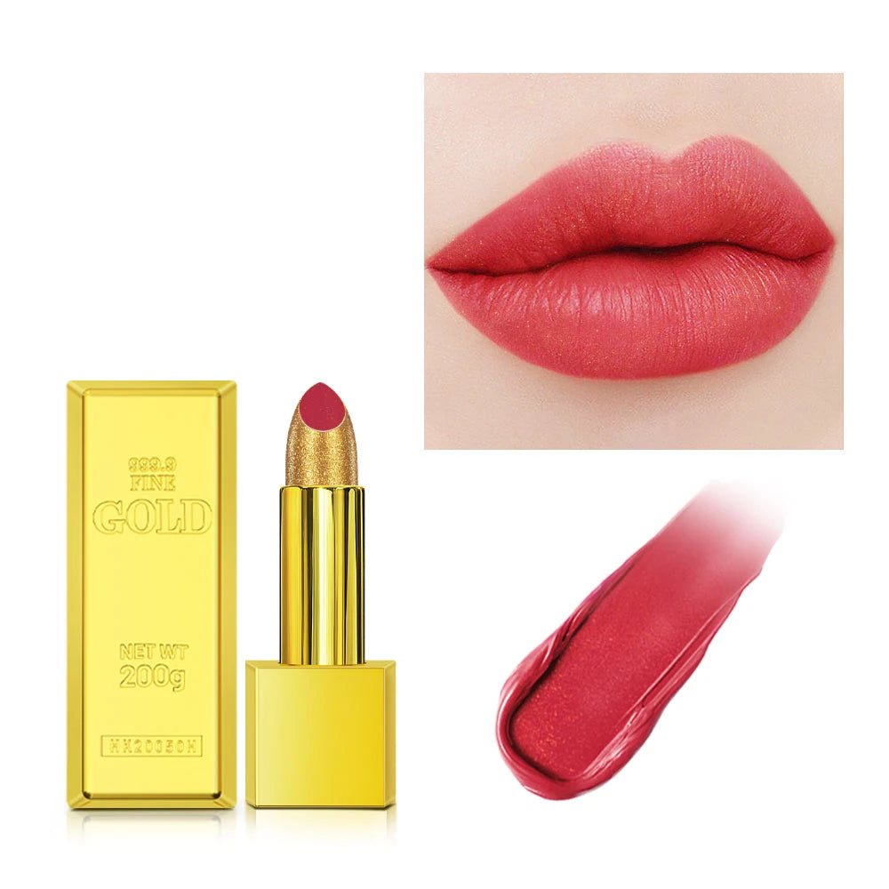 Shimmer Gold Lipstick Metallic Glitter Sexy Lipsticks Long Lasting Batom Waterproof Cosmetic Gold Brick Tube Design Gift 3.5g