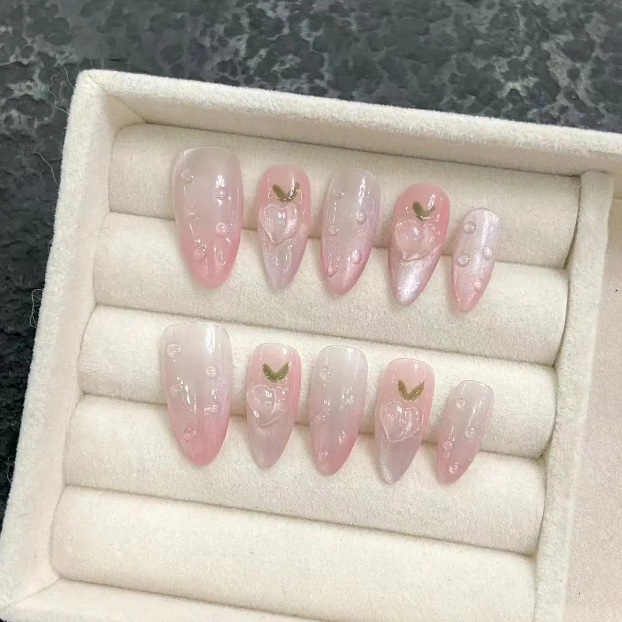Handmade Press on Nails Ins Sweet Pink Blue Color Fake Nails for Girls Wearable 3D Cherry Love Star Korean Cute False Nail Tips