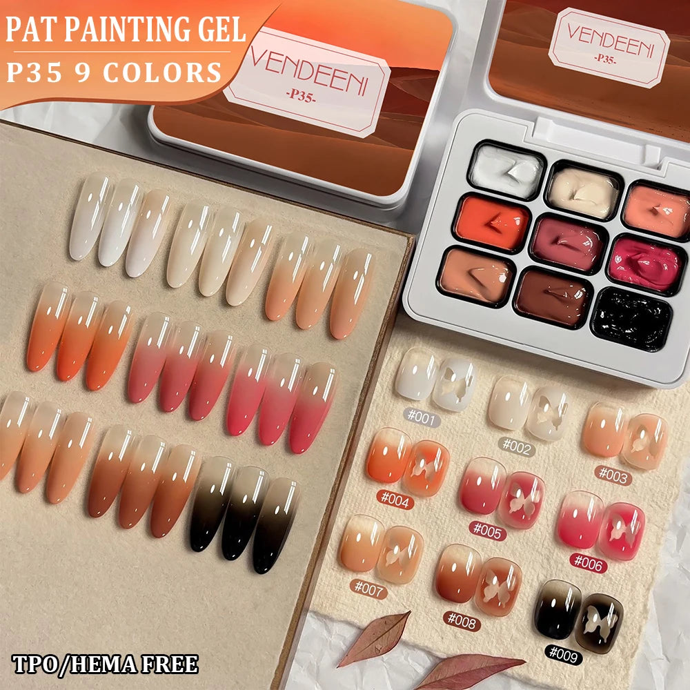Vendeeni 9 Colors Patting Painting Gel Nail Polish Blooming Transfer Design UV LED Soak Off Gel Varnish Gradient Pat Gel Palette