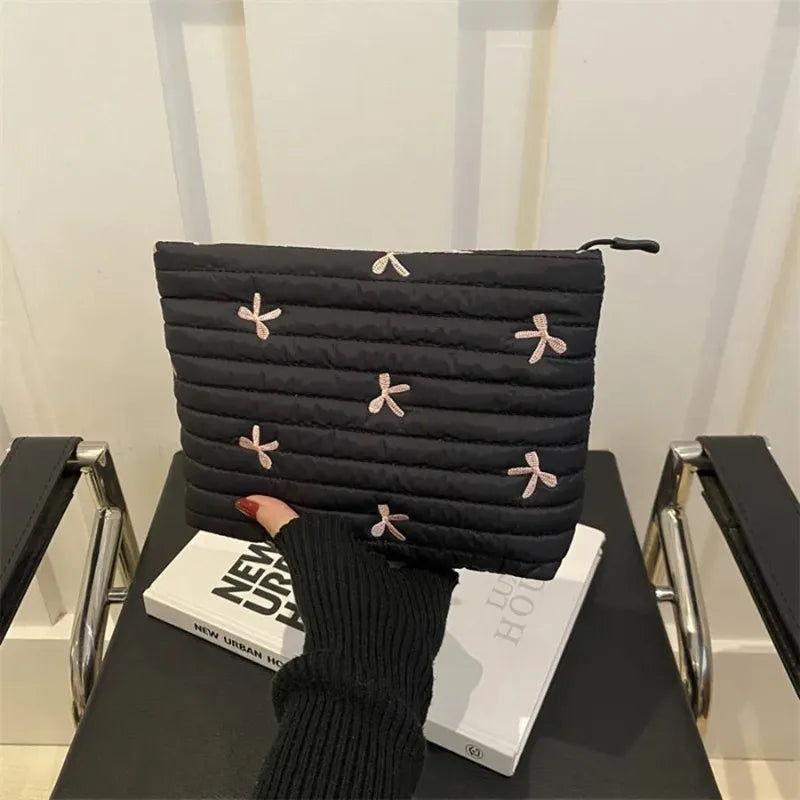 Cute Makeup Bag with Zipper Large Capacity Cosmetic Bag Embroidery Bow Wash Storage Bag