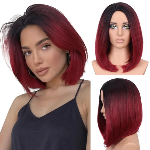 Red And Black Wig Short Bob Wi Synthetic Wigs Ombre Bob Short Hair Wigs for Women Shoulder Length Daily Use Christmas gift