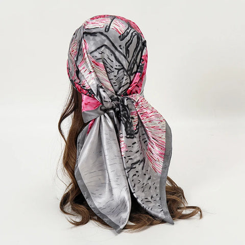 Satin Square Scarf Women Muslim Hijab Elegant 2025 Print Silk Neckerchief Shawl Wraps Headband Handle Hair Accessories Bandana