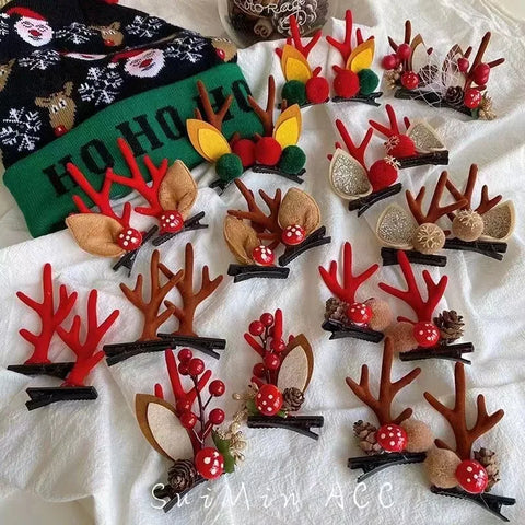 2Pcs Christmas Antler Hair Clips Pendants Xmas Ornaments Merry Christmas Decor for Girl Reindeer Hair Accessories Happy New Year