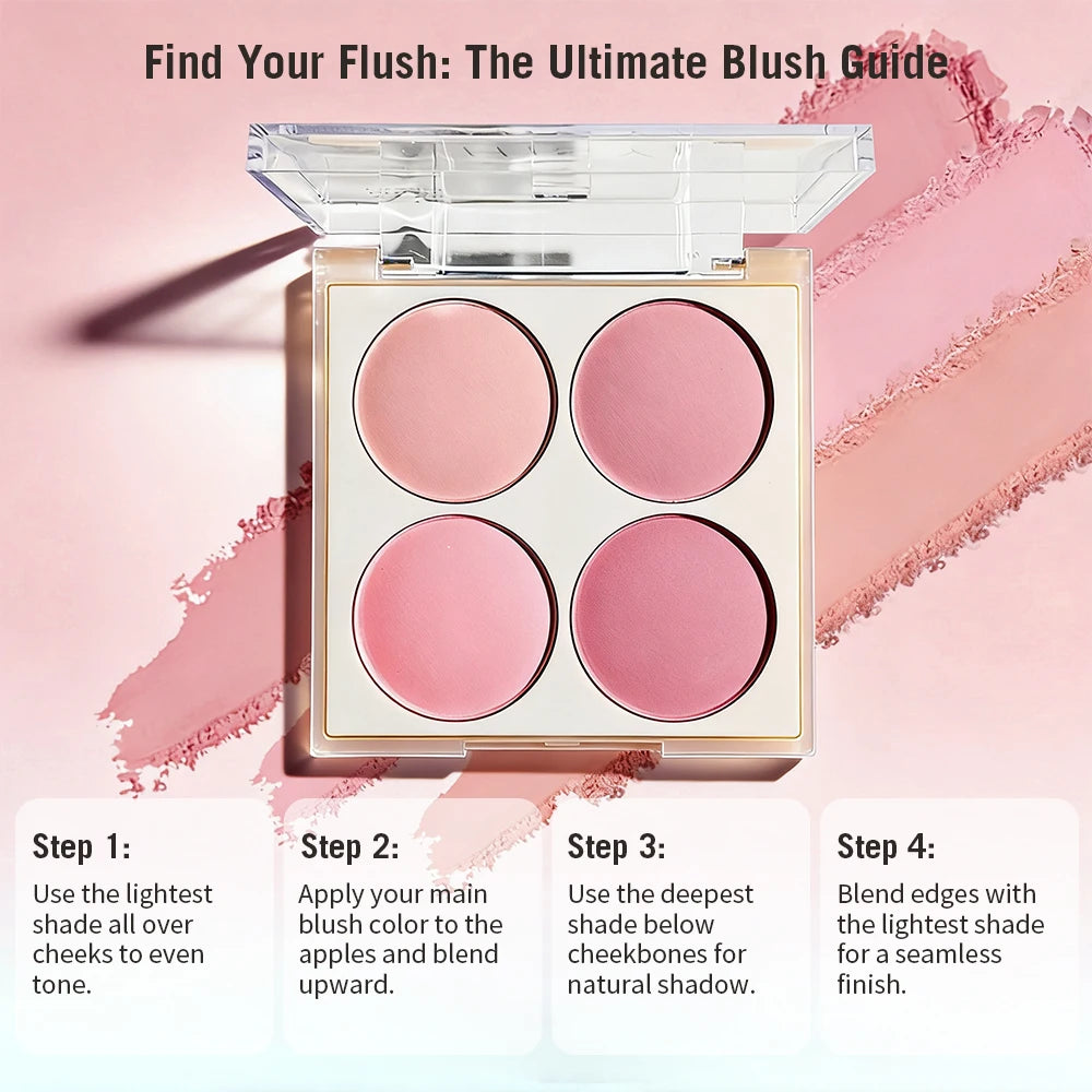 4-Color Blush Set with Brush-Pink, Perfect for Christmas & Valentine’s Day Makeup,Long-Lasting for Daily & Party Looks