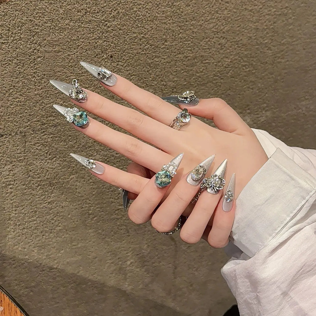 Handmade Press on Nails Shiny Pink Cat Eye Fake Nails for Women Girl Wearable Glitter Full Crystal Design False Nail Tips