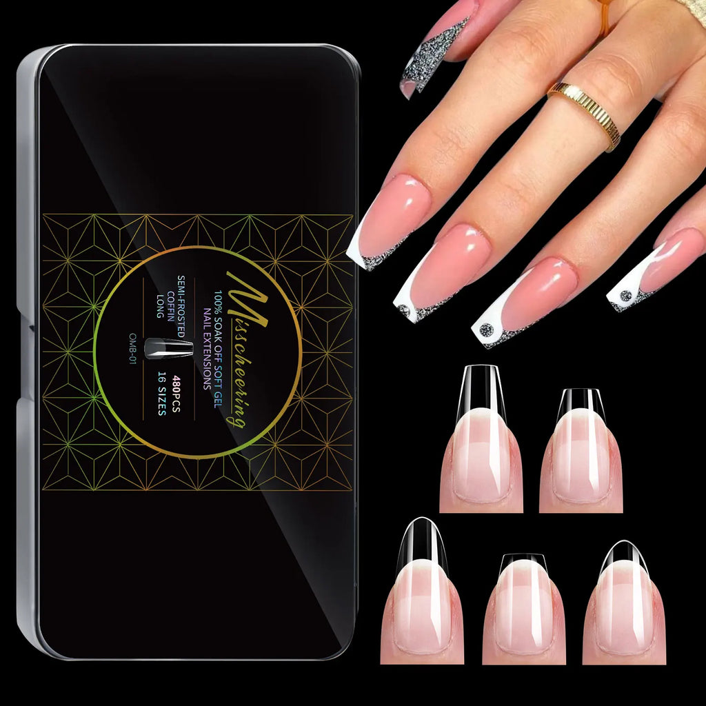 New Soft Gel False Tips 480pcs Almond Square Coffin French Half Frosted Fake Press On Acrylic Nails Full Cover American Capsule