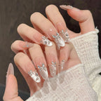 10pcs Handmade Press on Nails Green Flower Print Short Oval Head Fake Nails Wearable Glitter Green Cat Eye False Nail Tips