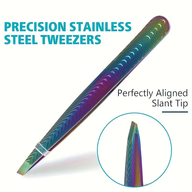 Professional Slanted Precision Tweezers - Heavy-Duty Stainless Steel Non-Slip Grip for Eyebrows Beard False Eyelashes