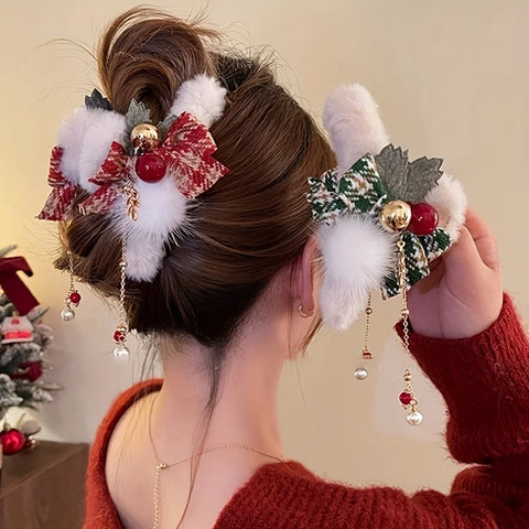 1/2pcs Elegant Christmas Plush Bow Tassel Hair Claw Clips for Women-Holidays, Christmas Day, Thanksgiving Gifts