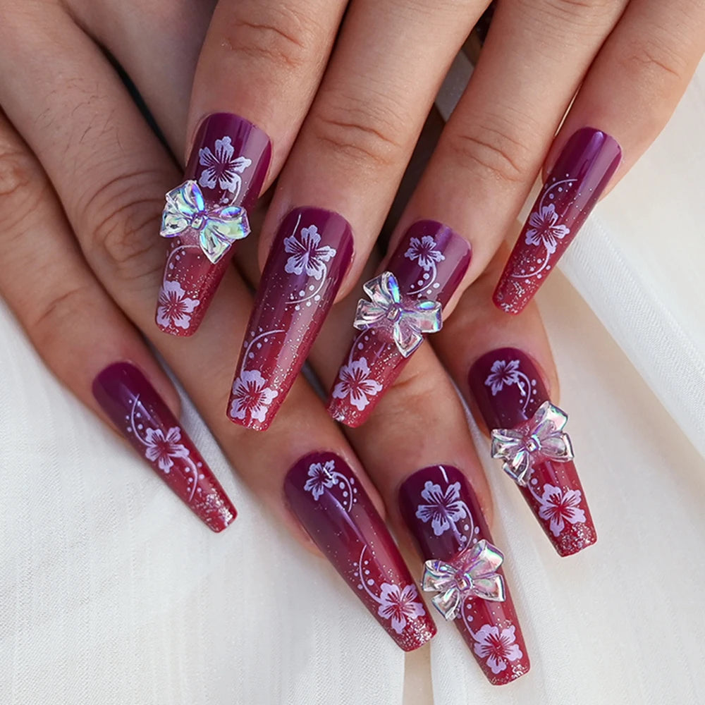 3D Flower Design French Fake Nails Love Bow Decor Mid-length Coffin Ballet Press on Nail Korean Sweet Bride Lady Fake Nails