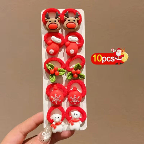 10Pcs/Set Kids Girls Christmas Hair Ties Cute Santa Claus & Reindeer Design Festive Hair Accessories Holiday Parties Decorations
