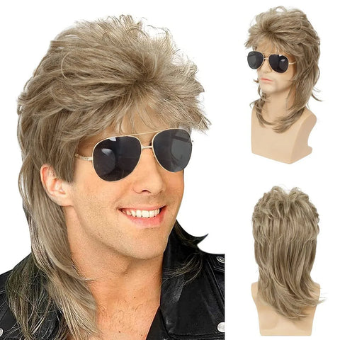 Mullet Wigs for Men Synthetic 70s 80s Costumes Mens Black Fancy Party Accessory Cosplay Hair Wig