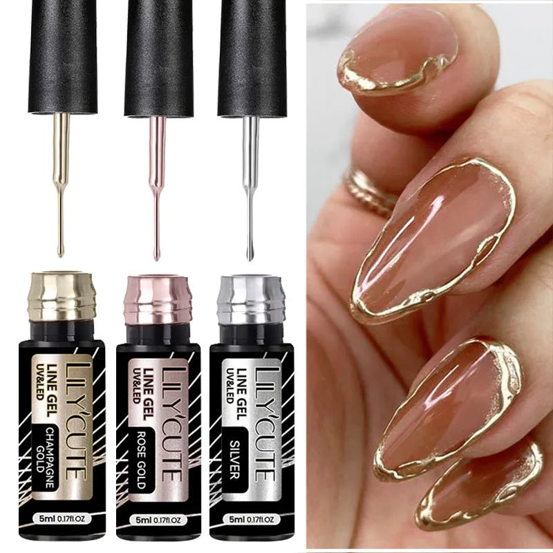 LILYCUTE 3PCS Gold Sliver Metallic Liner Gel Nail Polish French Style Super Bright Mirror Pull Line Graffiti Painting Stripe Gel
