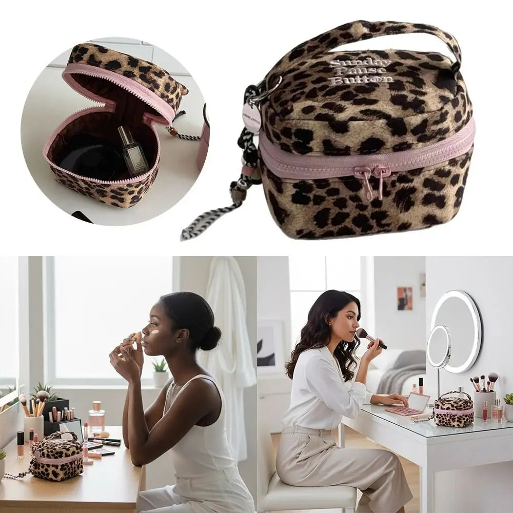Multi-functional Leopard Print Square Storage Box Handheld Zipper Design Makeup Bag Handbag Women Girls