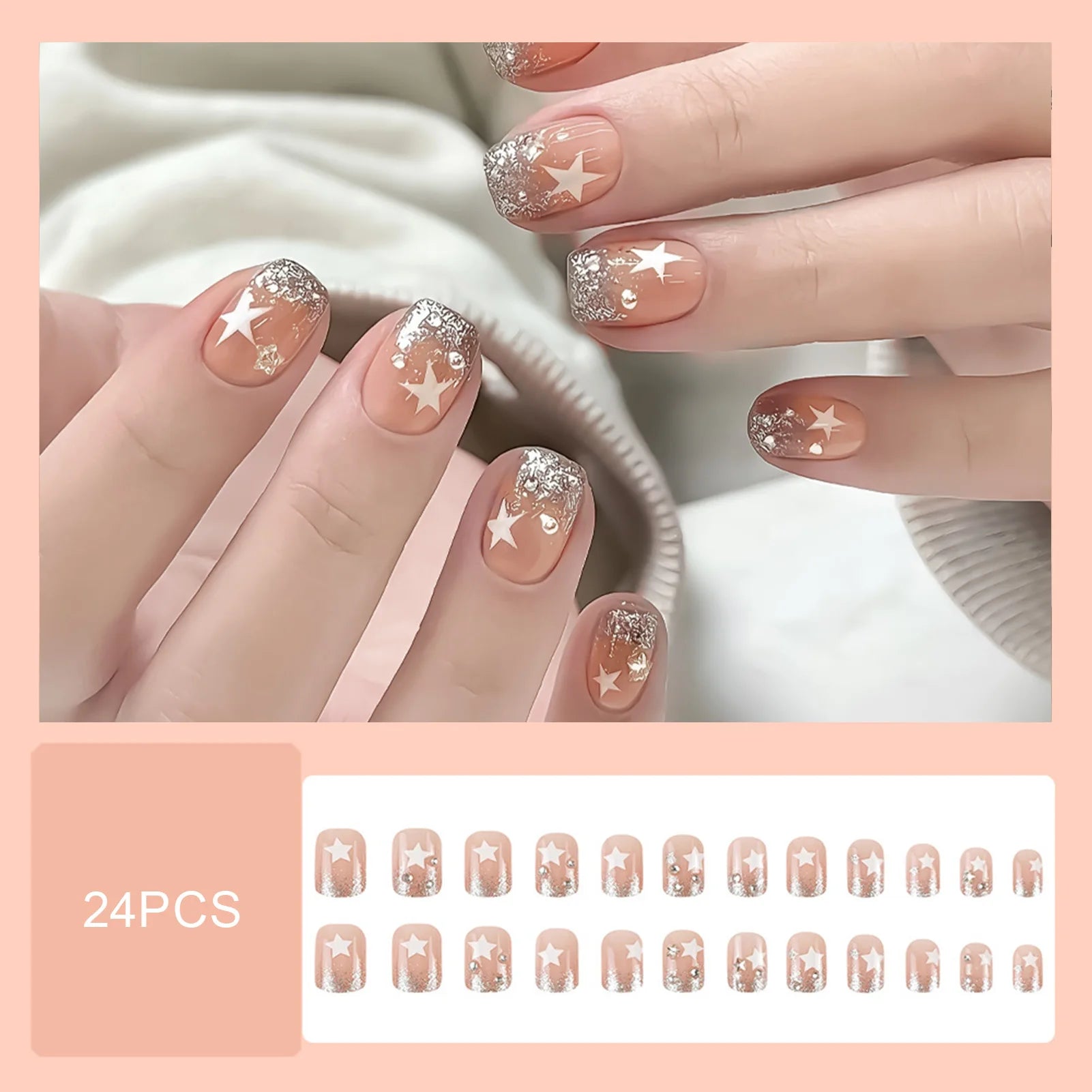 24pcs Y2k Star Press On Nails Gradient Black Mid-length Coffin False Nail Tips Full Cover Moon Designs Fake Nail For Cool Girls