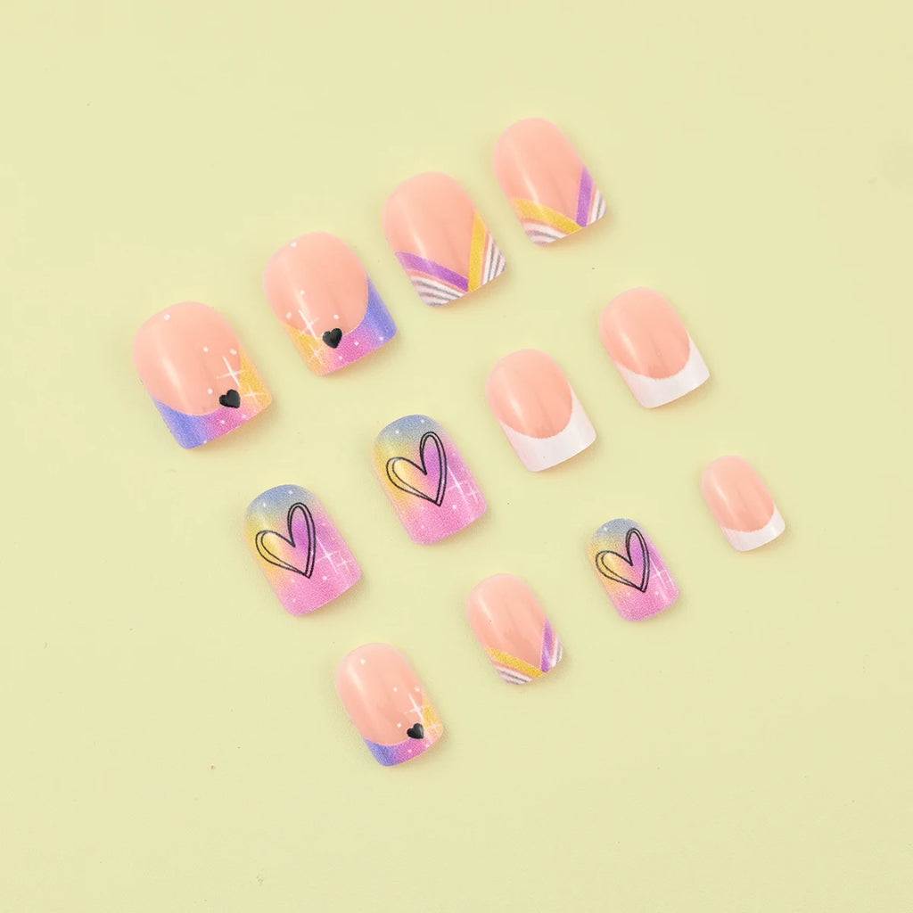24 pieces of short square fake nails, featuring a halo dyed gradient heart and a colorful French design in European and American