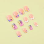 24 pieces of short square fake nails, featuring a halo dyed gradient heart and a colorful French design in European and American