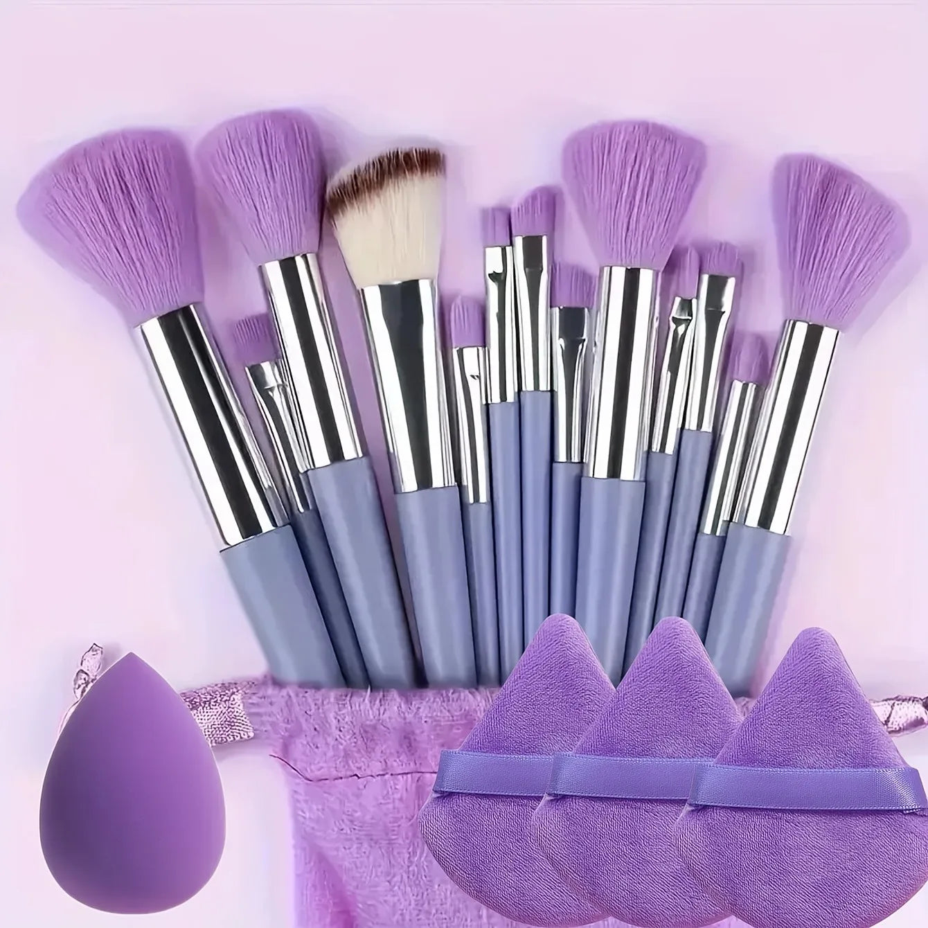 13-Piece Professional Makeup Brush Kit in Velvet Storage Bag | with 3 Velvet Makeup Puffs & Blending Sponge | Vegan Cruelty-Free