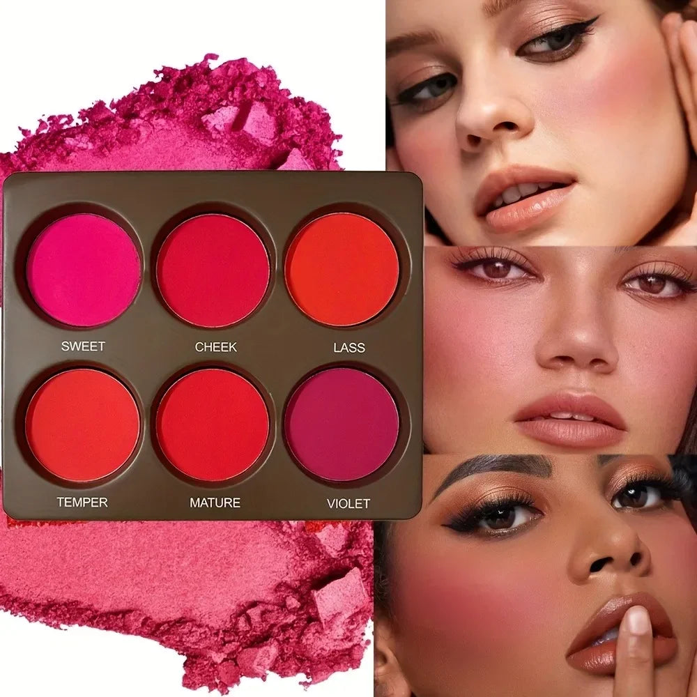 1 SET 6 Colors Waterproof Matte Blush Palette Medium Buildable Coverage Long-Lasting Natural Finish Light &Breathable Free brush