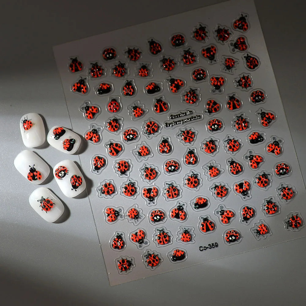 Coccinellidae Nail Art Stickers 5D Embossed Self-Adhesive Decals Mix Design Insect Nail Slider Cute Summer Nail Accessories