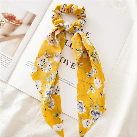 2023 Fashion Print Chiffon Long Ribbon Scrunchies Women Girls Ponytail Scarf Elastic Hair Bands Ties Hair Accessories Wholesale
