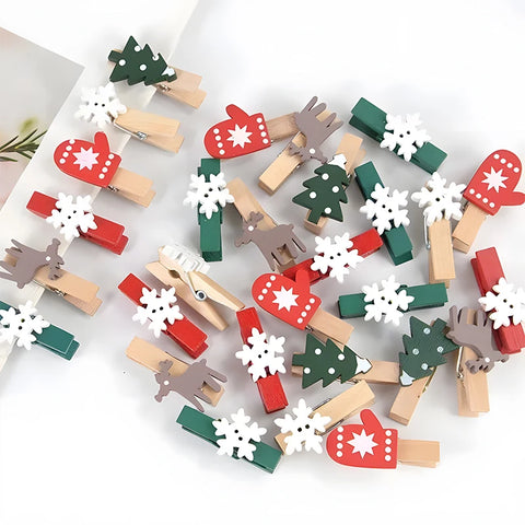 30pcs Christmas Wooden Clips Christmas Tree Photo Clips Pendant Elk Gloves Snowflake Clothespins DIY Photo Pegs for New Year