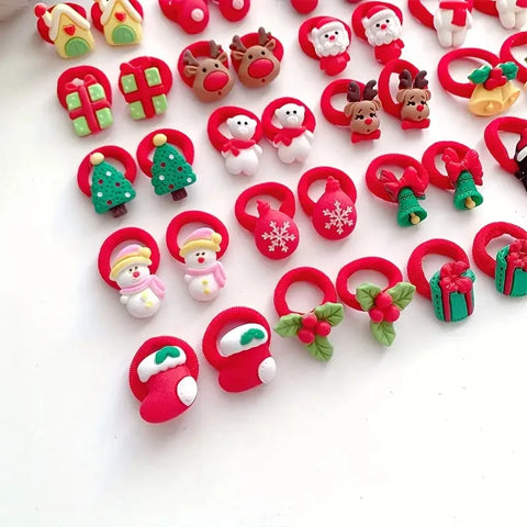 10Pcs Kids Girls Christmas Hair Ties Cute Santa Claus & Reindeer Design Festive Hair Accessories Holiday Parties Decorations