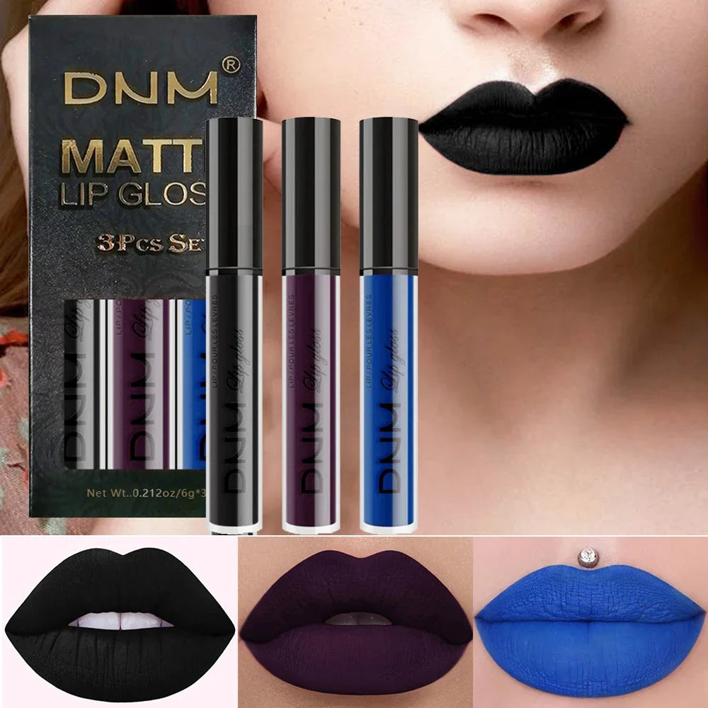 DNM 3PCS Liquid Lipstick Sets Waterproof Matte Black Blue Purple Blue Sexy Lip Gloss Long Lasting Nude Lip Tint Stain Makeup Kit