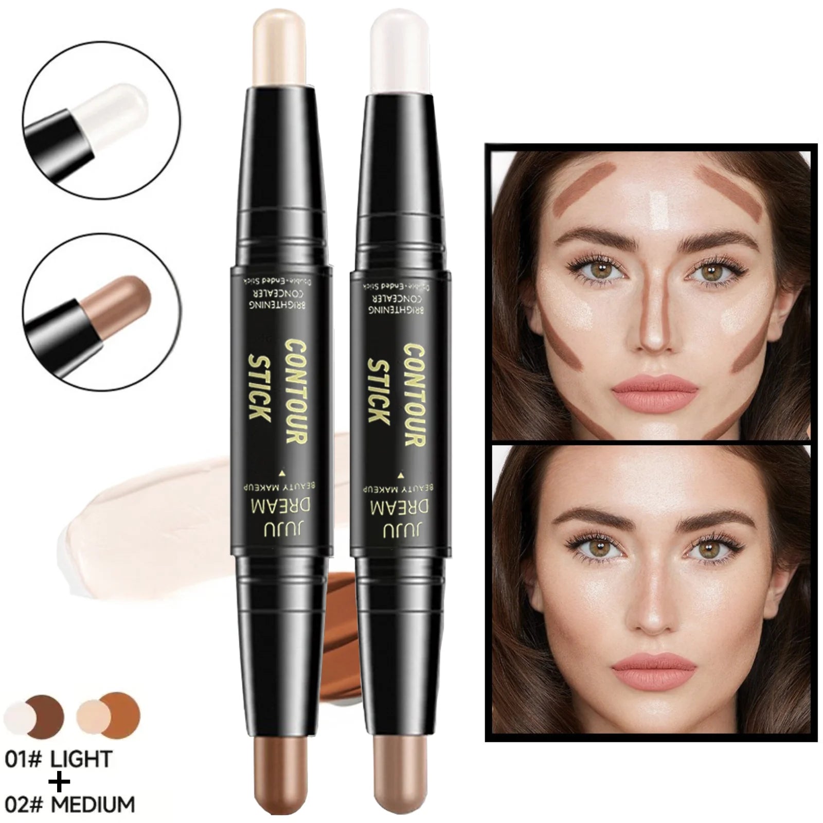 2pcs Dual-Ended Contour & Highlight Stick Set- Waterproof & Long-Lasting Dual-Purpose Concealer Highlighter Pen