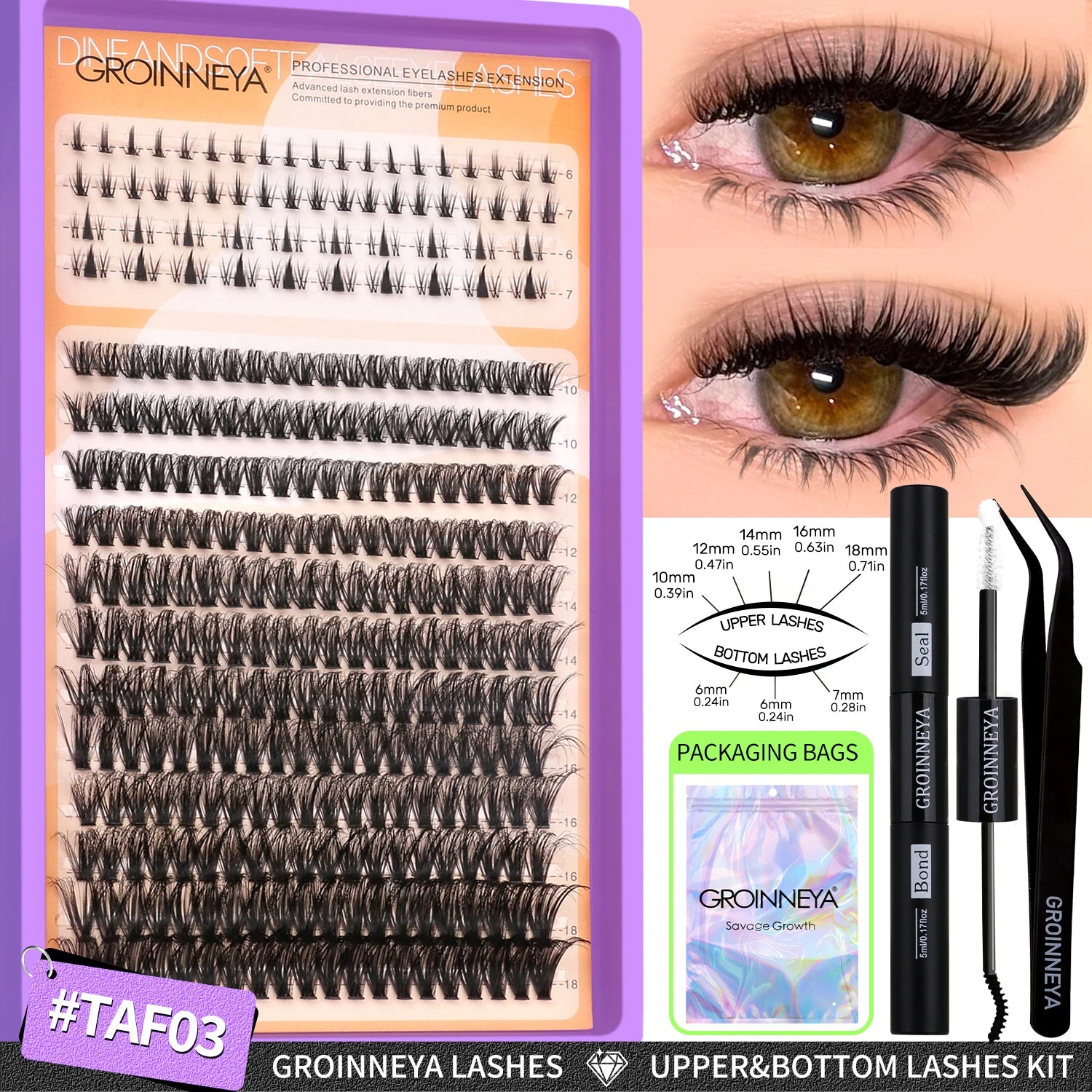 GROINNEYA Lashes Clusters Kit With Lash Bond And Seal And Eyelash Tweezers Waterproof Strong Hold DIY Lash Extension Kit Makeup