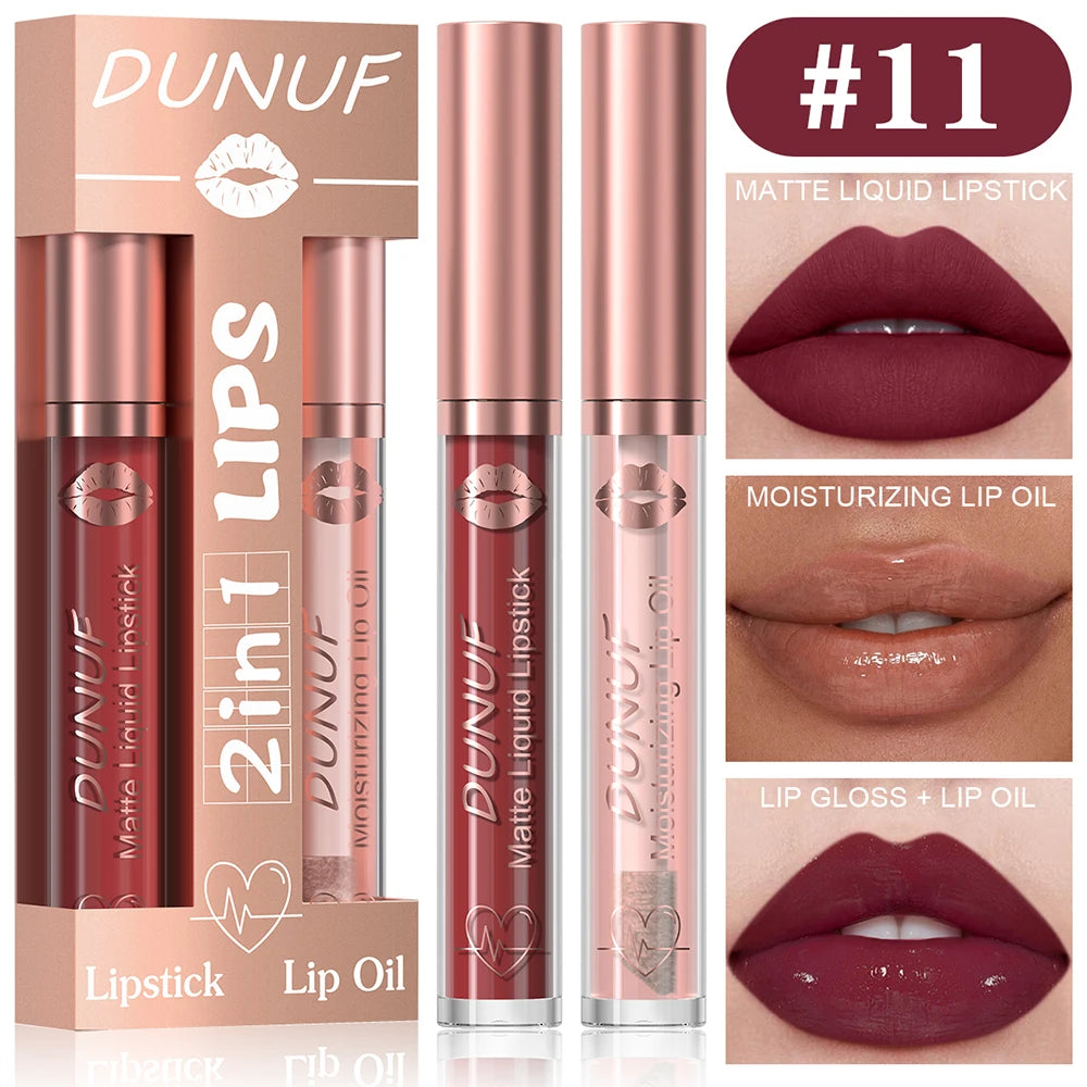 DUNUF Lip Gloss And Lip Oil Set 2-Piece Long-Lasting Waterproof Matte Moisturizing Non-Fading Lipstick Collection