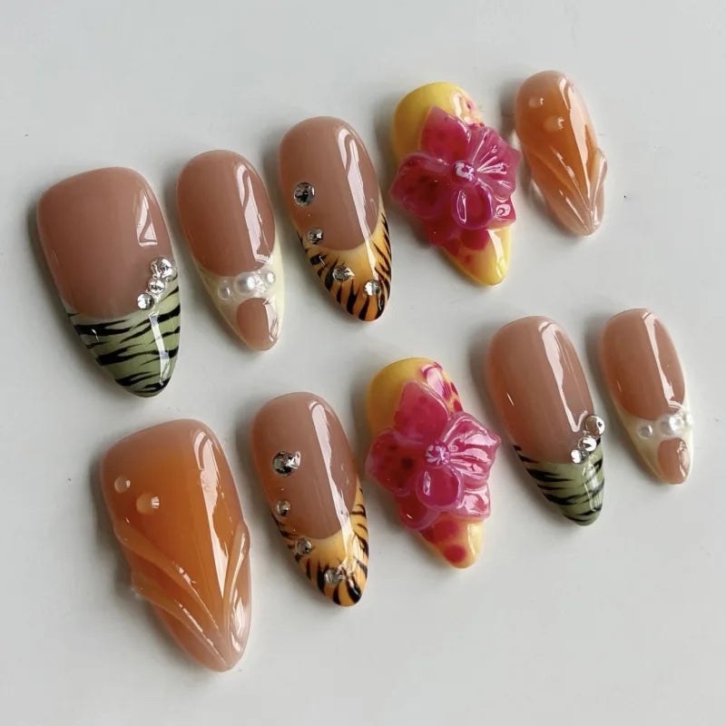 24pcs Tropical Flower Press On Nails Colorful French 3D Crystal Butterfly Shells Pattern Printed False Nails Almond Fake Nail