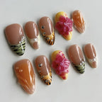 24pcs Tropical Flower Press On Nails Colorful French 3D Crystal Butterfly Shells Pattern Printed False Nails Almond Fake Nail