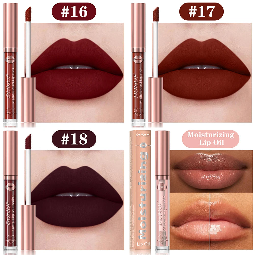DUNUF Lip Gloss And Lip Oil Set 2-Piece Long-Lasting Waterproof Matte Moisturizing Non-Fading Lipstick Collection