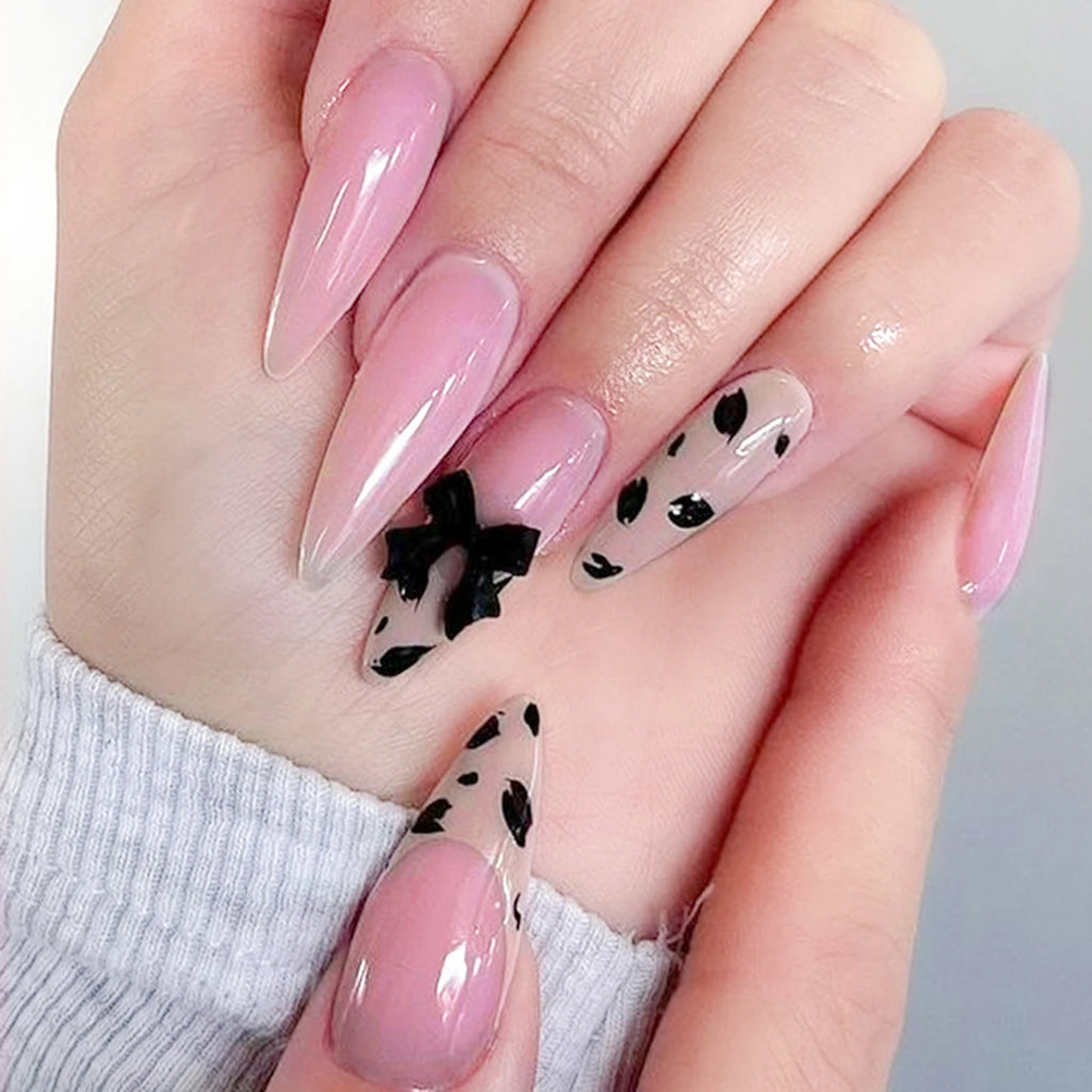 24pcs Brown French Leopard Print Press On Nails Stereo Pink Flower Designs Autumn False Nails Sweet Cool Almond Fake Nail Tips