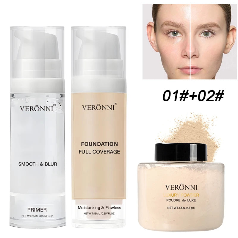 3-Piece Beginner Face Makeup Kit-Matte Waterproof Foundation,Hydrating Primer,Oil-Control Loose Powder,Full Coverage Concealer