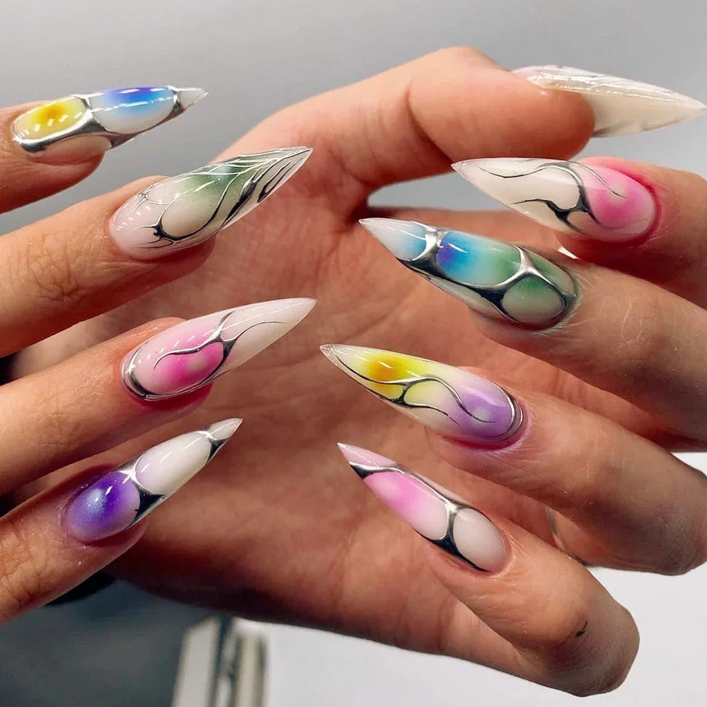 Exaggerate Punk Extra Long Pointed Fake Nails Art Dark Y2K Black Spider Centipede Rhinestone False Nail Press on Nails Manicure