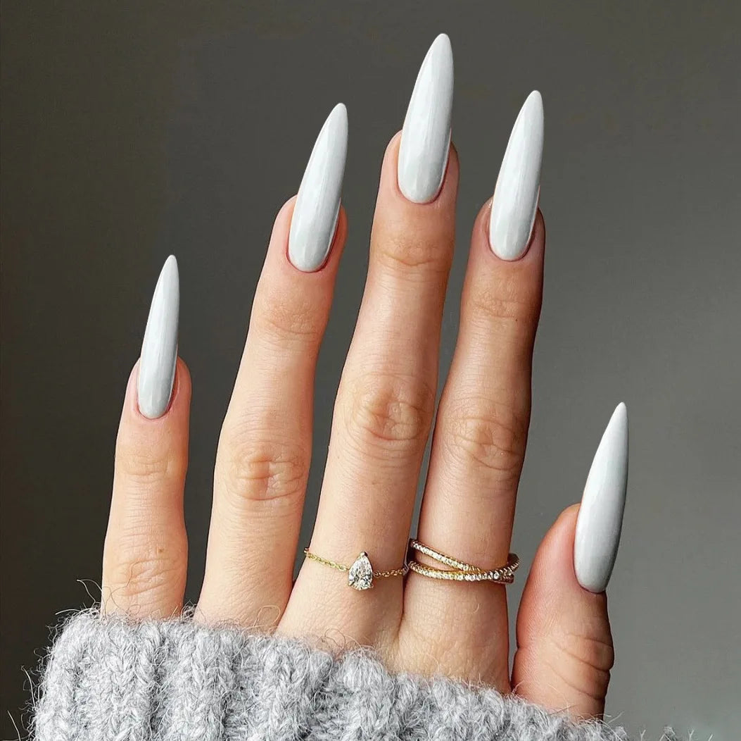24pcs Long Pointed Fake Nail Patches Glossy Dark Black Cool Wearable Press ON Nails Solid Color Full Cover Artificial False Nail