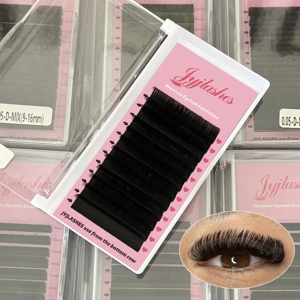 JYJLASHES Individual Eyelash Extension Long Length Classic Lashes Extensions Trays Matte Black Soft Mink Faux Eyelashes