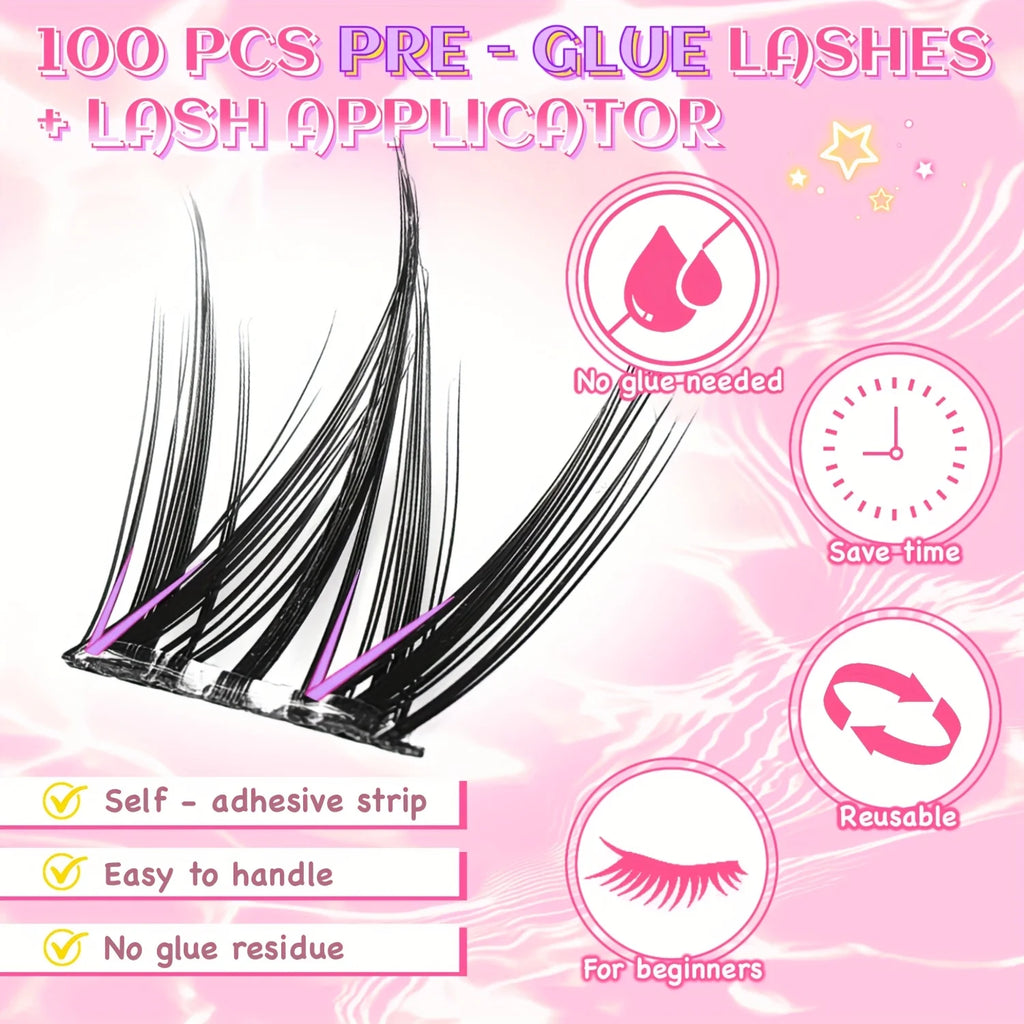 Korean-Style False Lash Extension Kit: 100 Self-Stick Clusters, Super Soft & Natural-Looking for Hassle-Free Daily Wear!