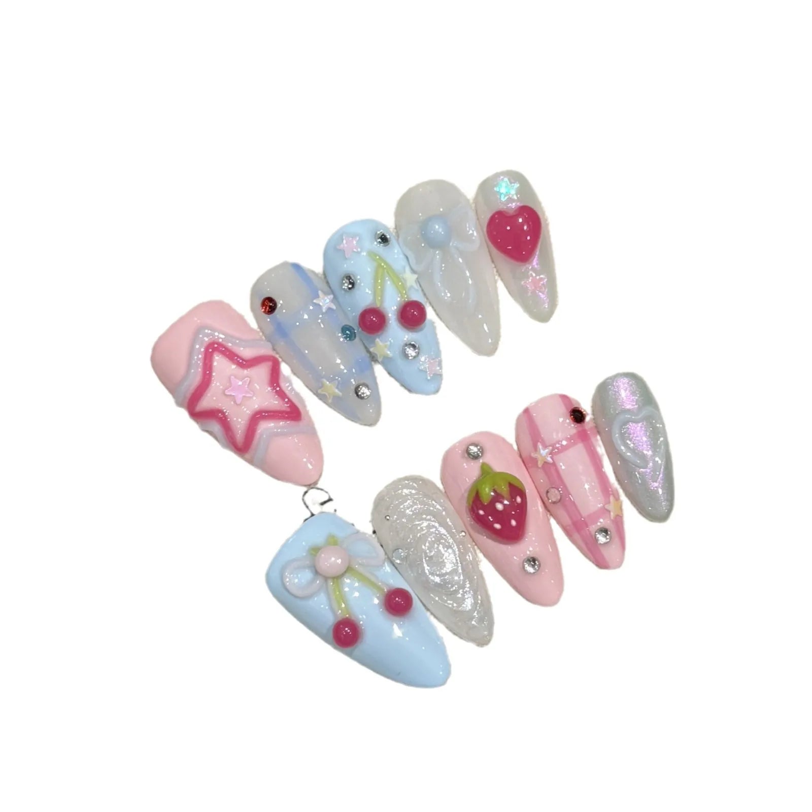 Handmade Press on Nails Ins Sweet Pink Blue Color Fake Nails for Girls Wearable 3D Cherry Love Star Korean Cute False Nail Tips