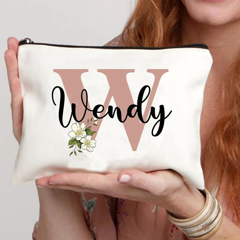 Floral Letters Custom Name Makeup Bag Best Gift for Bridesmaid Teachers Friends Women Purse Personalise Gift for Birthday