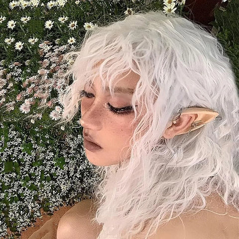 White Curly Wig and Elf Ears for Women Costume Long Curly with Bangs Heat Resistant Synthetic Cosplay Halloween Christmas Party