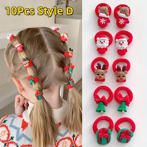 10Pcs Kids Girls Christmas Hair Ties Cute Santa Claus & Reindeer Design Festive Hair Accessories Holiday Parties Decorations