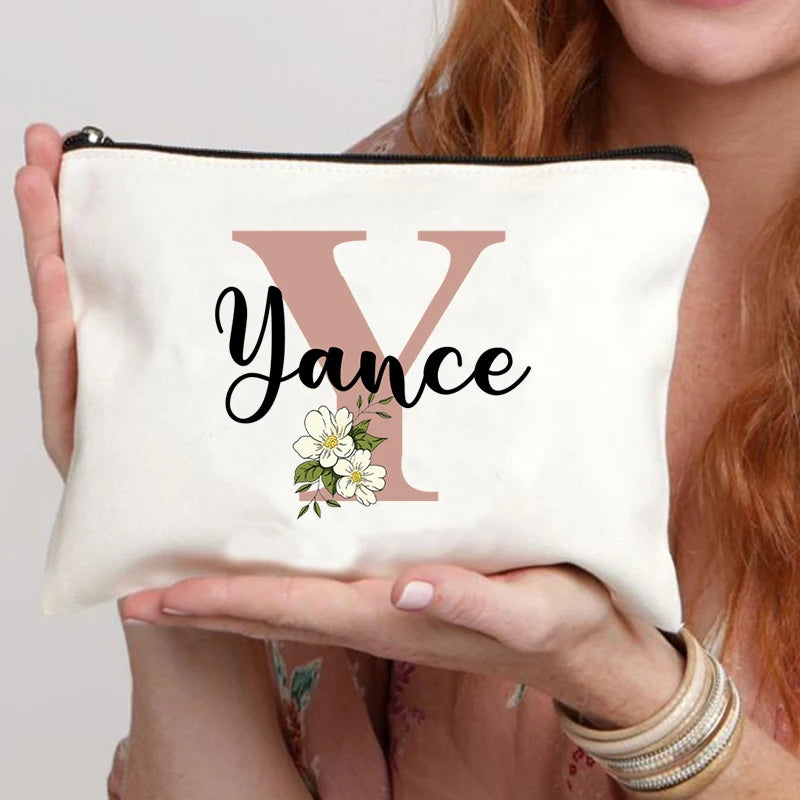 Floral Letters Custom Name Makeup Bag Best Gift for Bridesmaid Teachers Friends Women Purse Personalise Gift for Birthday