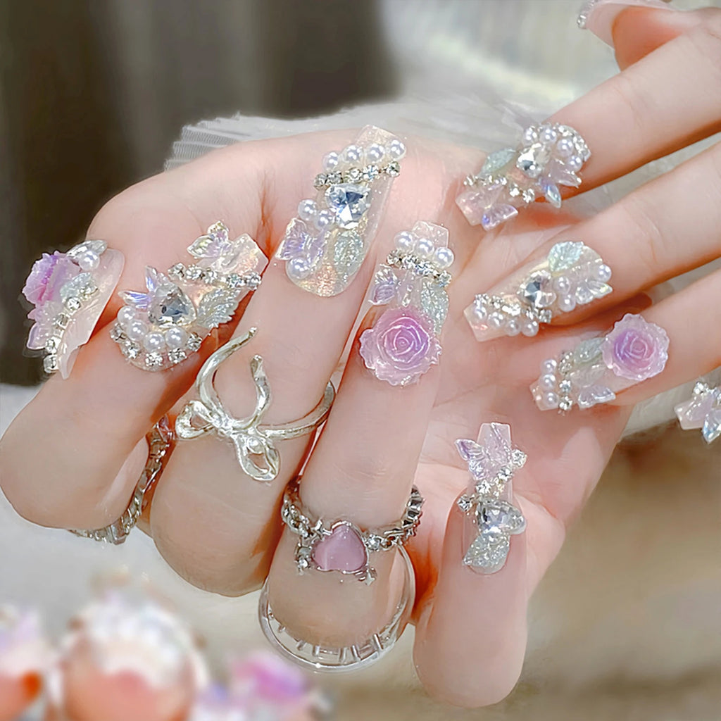 24pcs New Year Heavy Metal Press on Nails Chinese Bride Wedding Fake Nails Full Cover Wearable Shiny Large Crystal False Nails