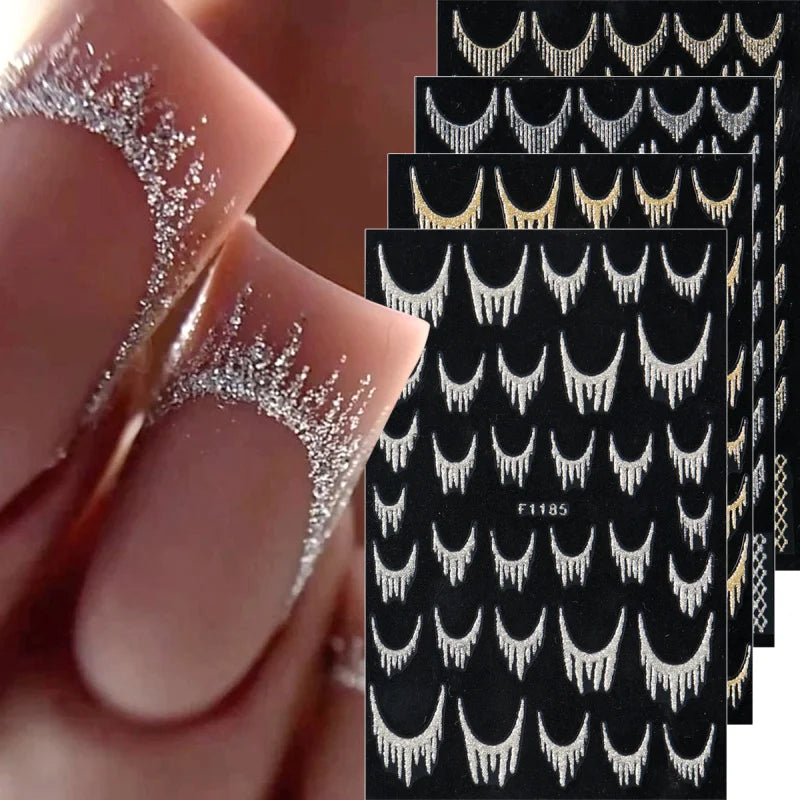 Reflective Glitter French Nail Art Stickers Sparkly Gold Silver Tassel Line Geometric Grids Adhesive Sliders Decals DIY Manicure